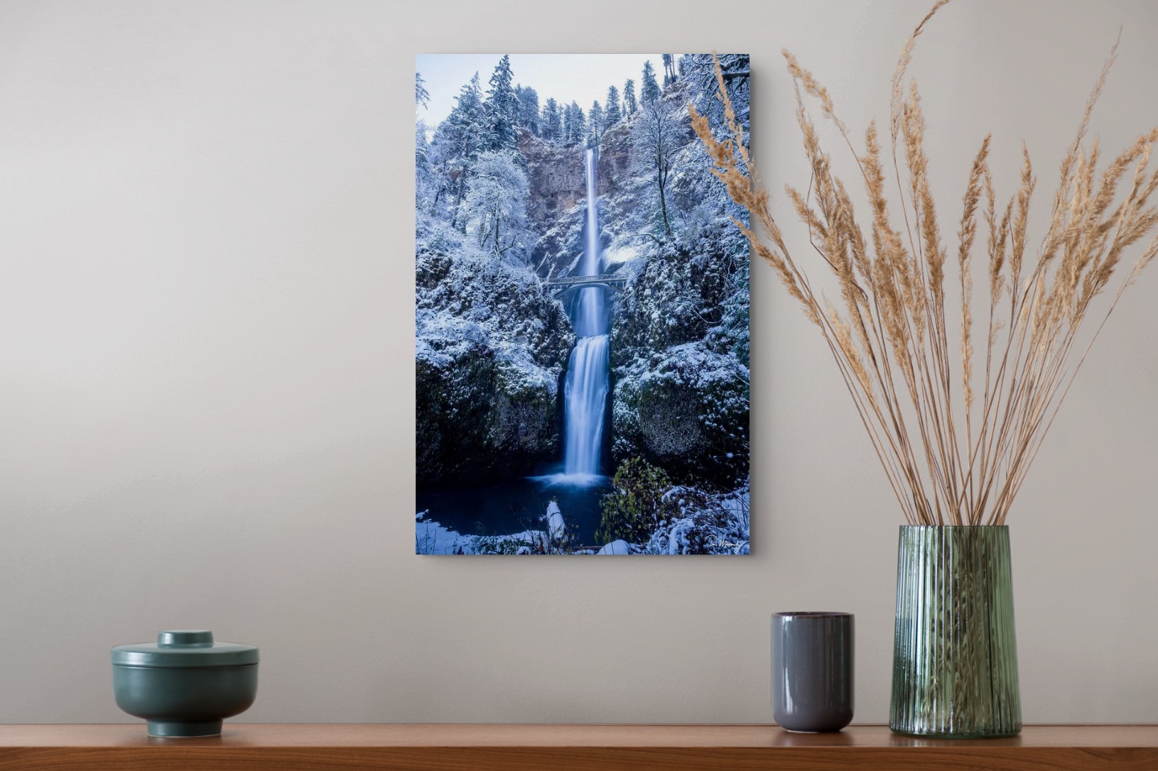 Multnomah Falls fine art print displayed on a wall